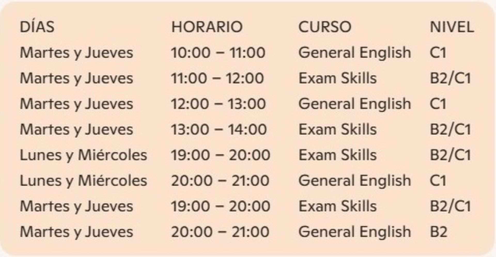 Cursos de inglés con profesor nativo timetable 1