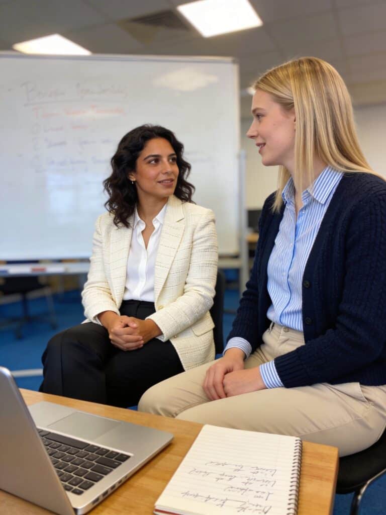 Dos mujeres en una clase de inglés en Cheeky English, Murcia, conversando.