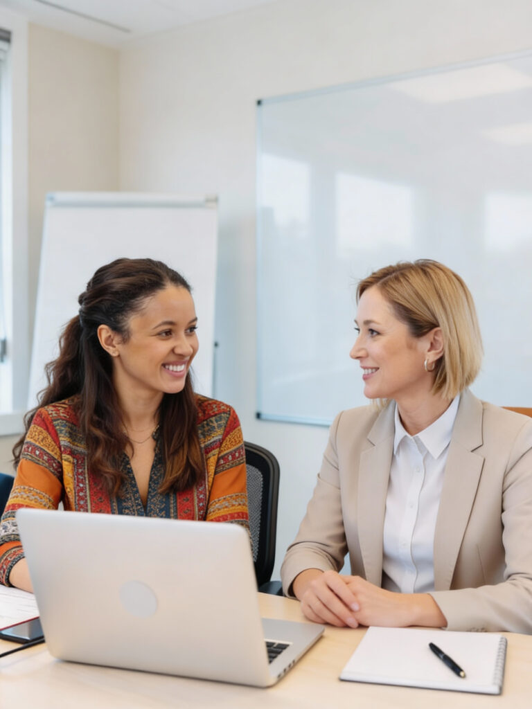 Una alumna con su profesor nativo disfrutando de los cursos de inglés bonificados para empresas en Álava