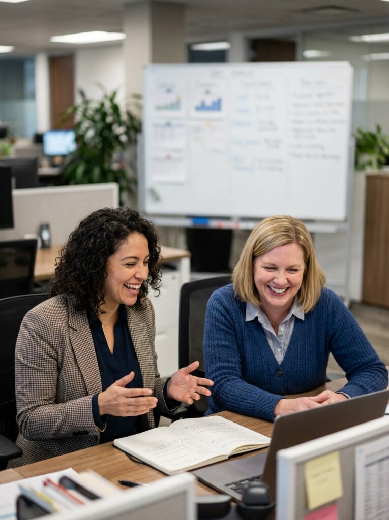 Dos mujeres en oficina discutiendo en reunión de trabajo.