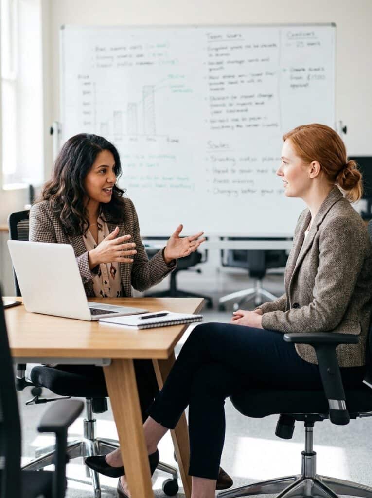 Dos mujeres en una reunión de negocios discutiendo en una oficina moderna.