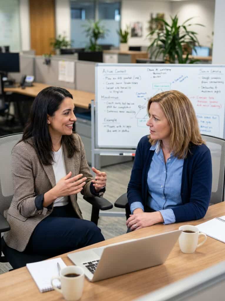 Dos mujeres conversando en una oficina, practicando inglés en Murcia.