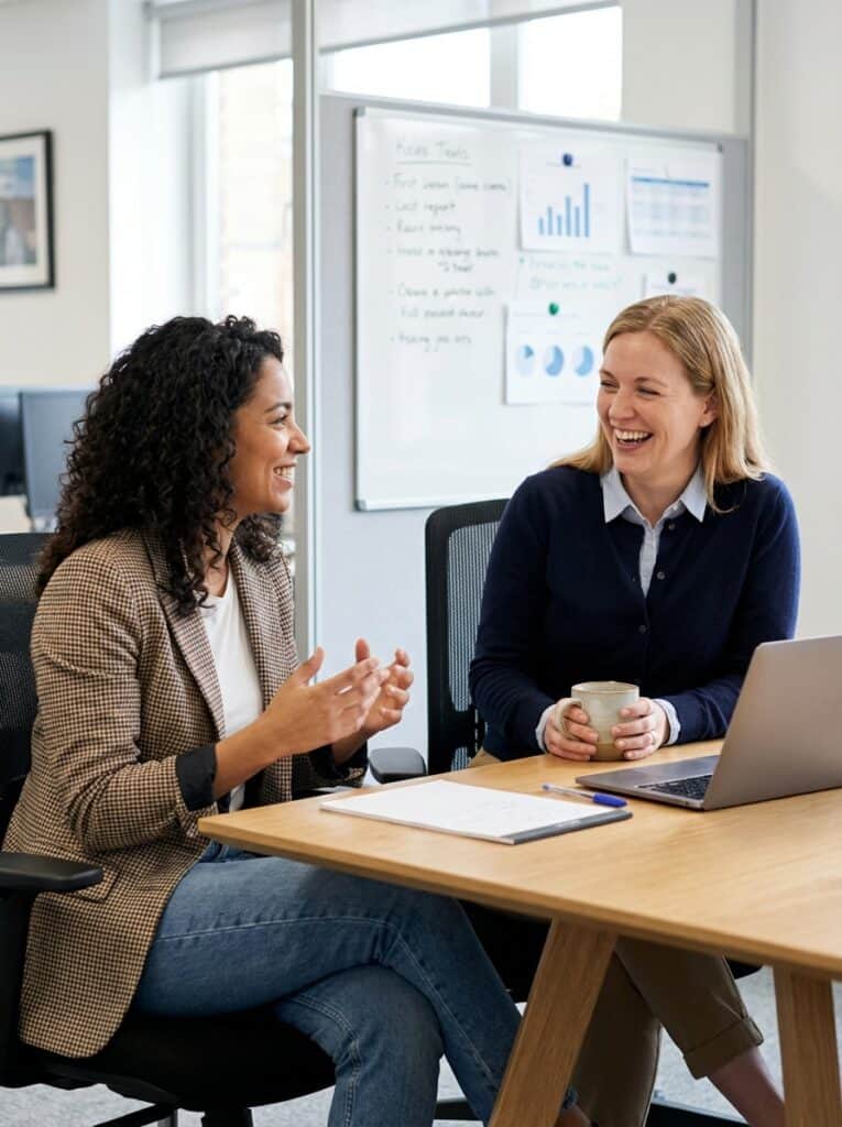 Dos mujeres conversando en una oficina, aprendiendo inglés en Cheeky English Murcia.