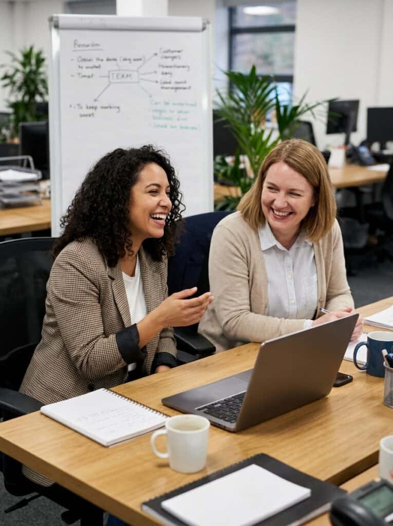 Imagen de dos mujeres sonriendo en una reunión de trabajo en una academia de inglés en Murcia.