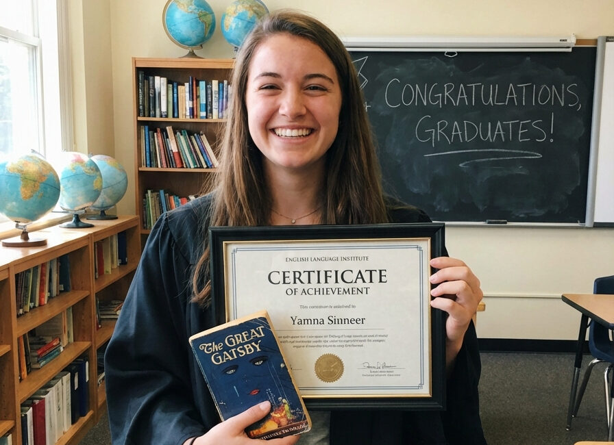 Joven graduada en inglés en Murcia, sosteniendo certificado de logro académico.