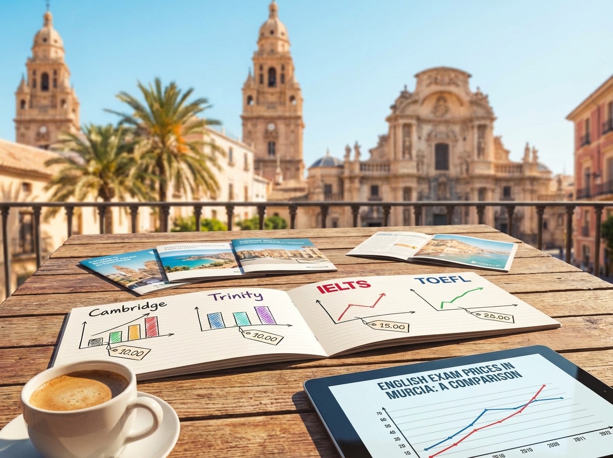 Material de estudio de inglés en Murcia con vista a la catedral.
