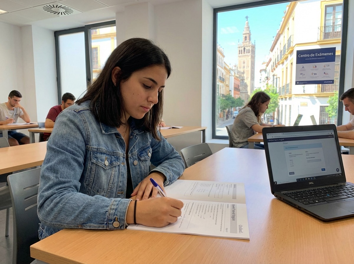 Estudiante en centro de exámenes de inglés en Murcia con vista a la ciudad.