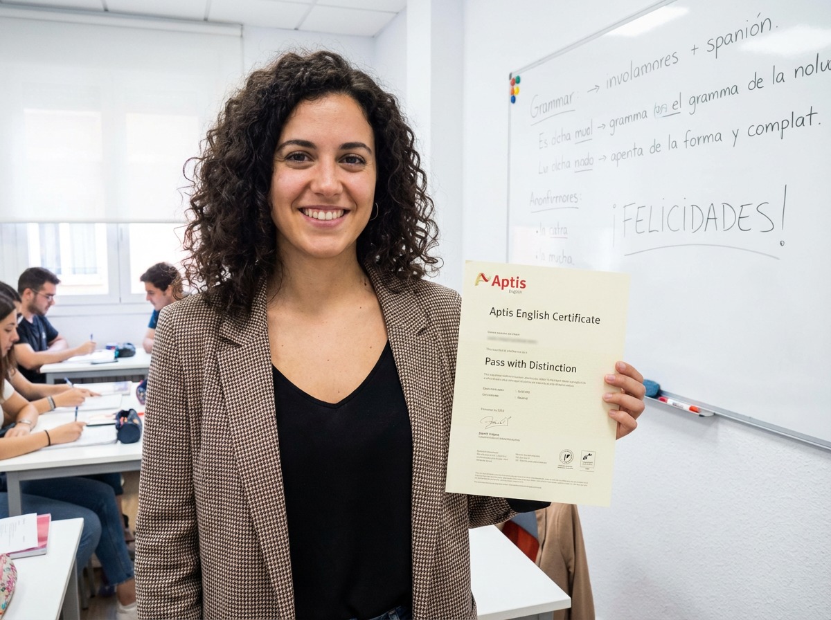 Mujer feliz con certificado de inglés Aptis en aula de Murcia.