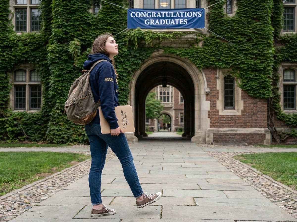 Joven graduada en universidad con diploma y mochila en campus.