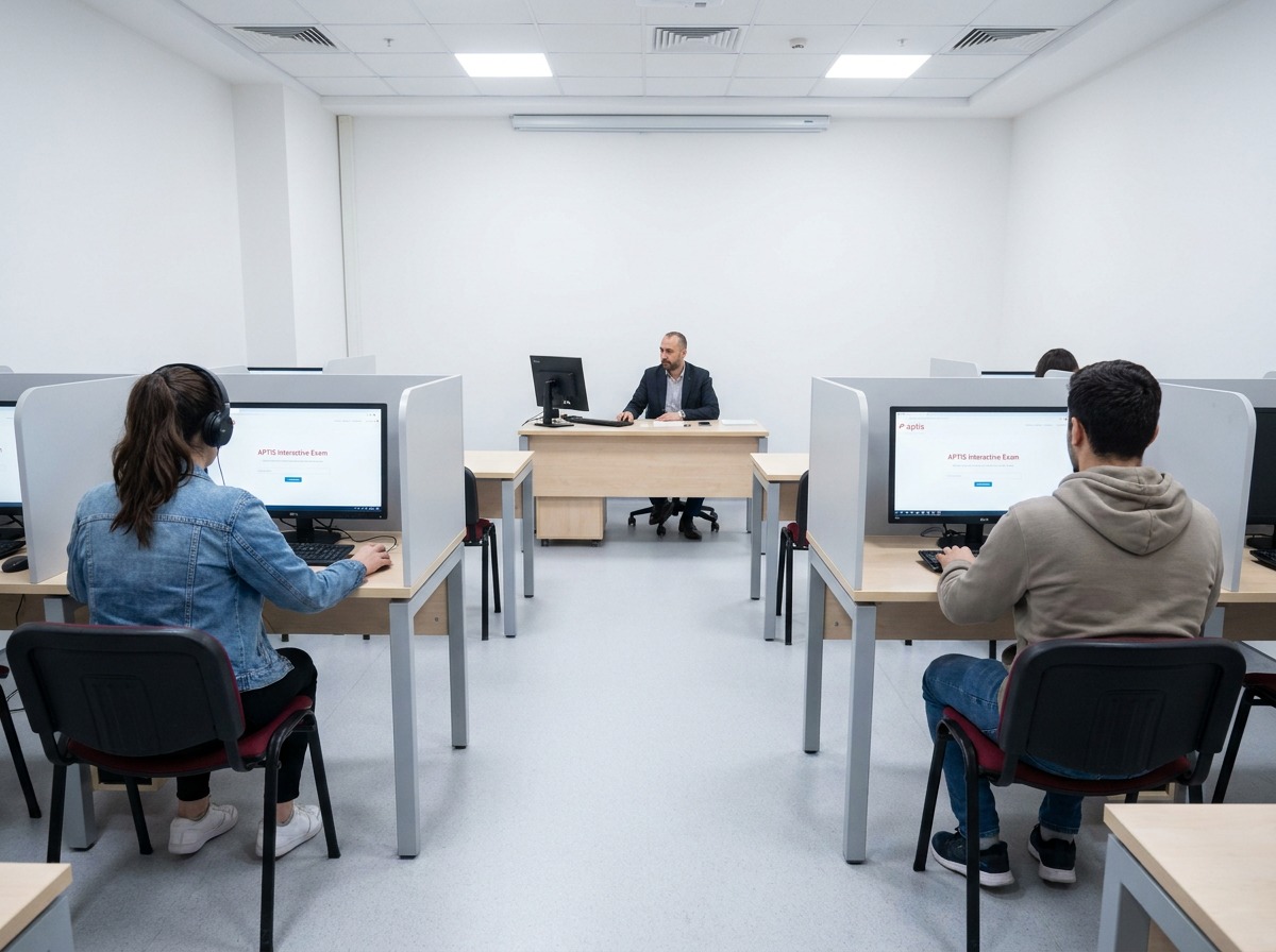 Aula de exámenes de inglés en Murcia con estudiantes y supervisor.